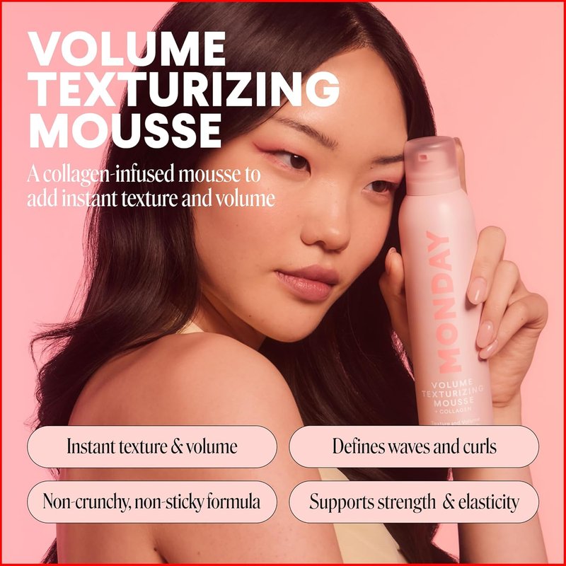 Monday Haircare Volume Texturizing Mousse - Hydrolyzed Collagen for Instant Texture & Volume, 7 oz (Pack of 2)