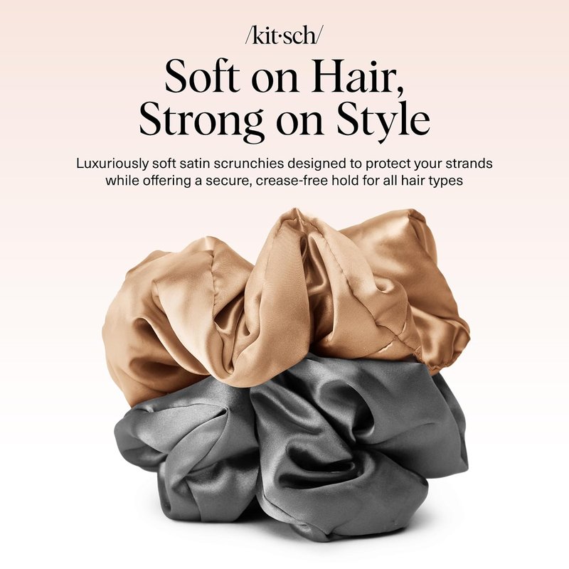 Satin Scrunchies for Women - No Crease, Frizz Control | Softer Than Silk Hair Accessories - Charcoal & Gold, 2pcs