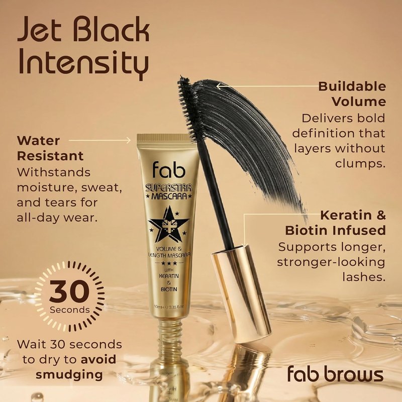 Fab Superstar Mascara - Waterproof Volumizing Mascara for Bold Length & Lift | Black, 10ml - Infused with Keratin & Biotin
