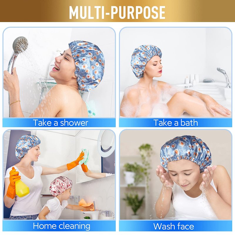 Reusable Shower Cap, Hair Cap, Oversized Waterproof Shower Caps Large Designed for all Hair Lengths with PEVA Lining & Elastic Band Stretch Shower Hat - Blue Flower Shower Caps for Women