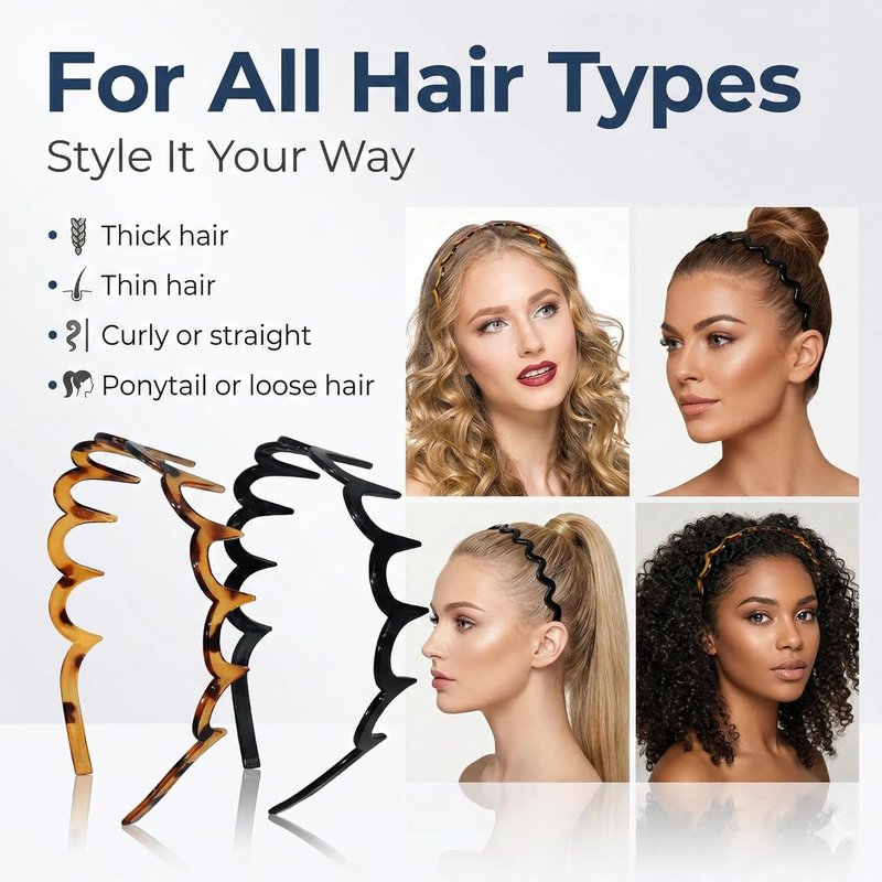 2026 Trend Zig Zag Headbands for Women – 2PCS U-Shaped Comb Hairbands, Strong Grip Non-Slip Slick Back Style, Black & Tortoise Recycled Plastic for Gym & Daily Look (2, black&leopard color)