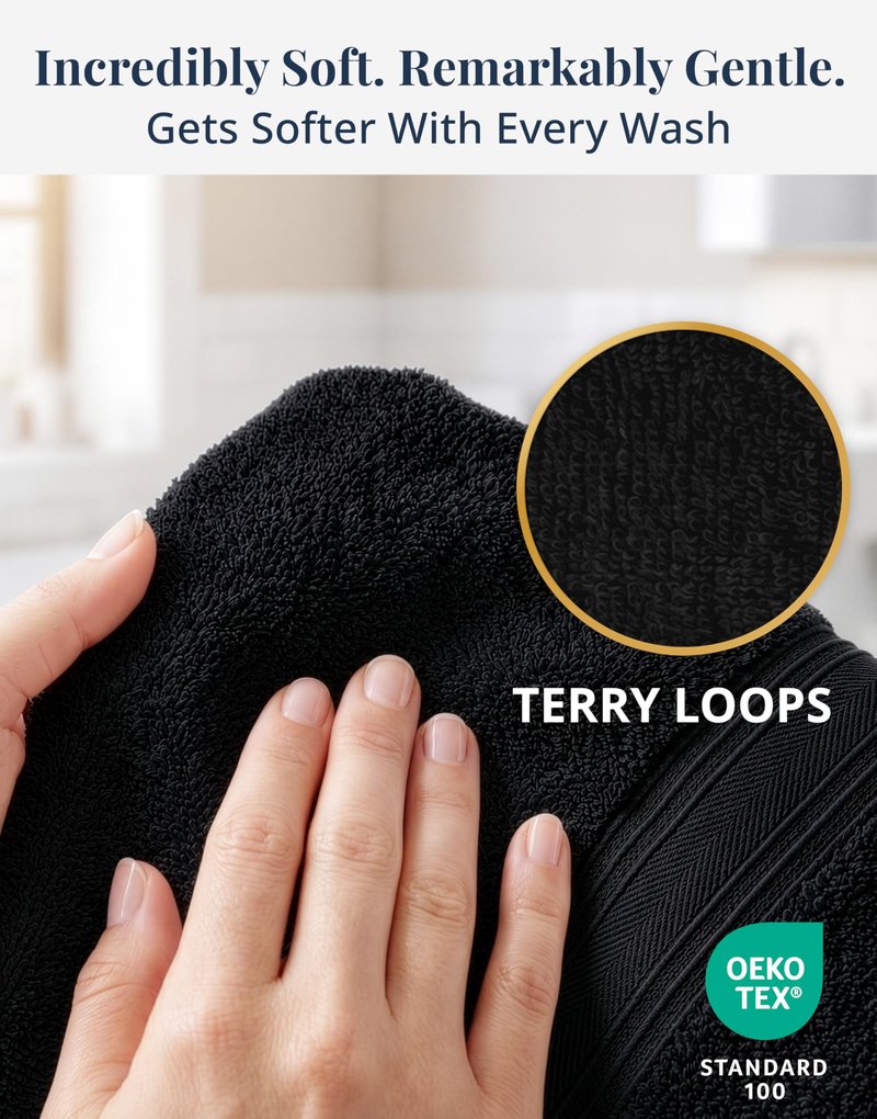 Black Hand Towels for Bathroom - 6 Pack (16"x28"), 100% Ringspun Cotton Hand & Face Towel - Soft, Prevent Fraying, Fade and Shrink Resistant - Daily Use Gym Towels for Men & Family Bathroom Hand Towel