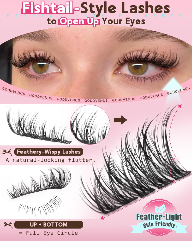 Goddvenus 250Pcs Natural Lash Clusters Kit Cluster Eyelash Extensions Kit Wispy DIY C Curl Individual Lashes Clusters With Bottom Eyelashes