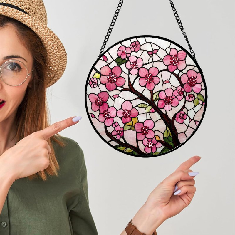 CRISGIF Stained Glass Window Hanging - Cherry Blossoms Birth Flower Suncatcher for Door Garden Patio Sun Catchers Decor Christmas Mother's Day Birthday Gifts for Women Mom Nana Friend Wife 6.3 in