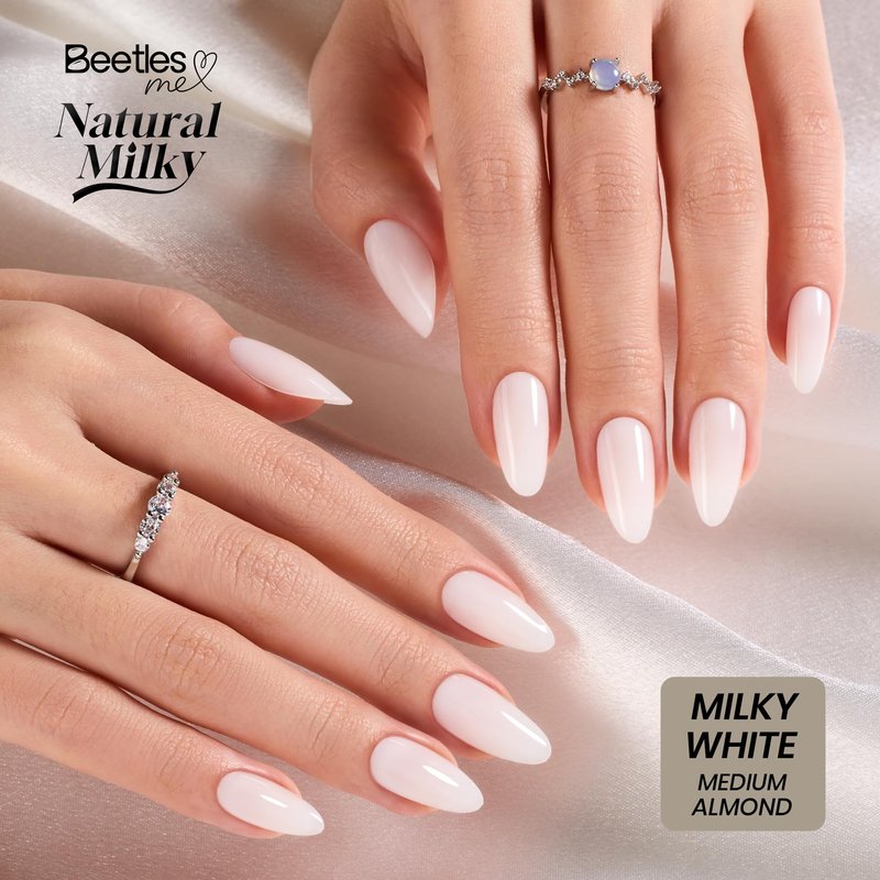 Beetles Milky White Press On Nails Medium Almond - Natural White Almond Press On Nails Soft Nail Gel with Nail Glue Adhesive Tabs Nail File Cleaning Wipe Cuticle Stick, 16 Sizes 32pcs