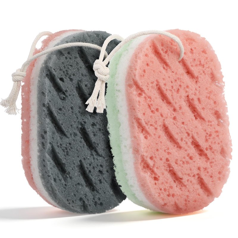 2 Pack Bath Sponges for Shower, Dual-Texture Exfoliating Loofah Sponge, Gray and Green Body Sponge for Women Men, Shower Sponges for Gentle and Deep Cleansing Foam