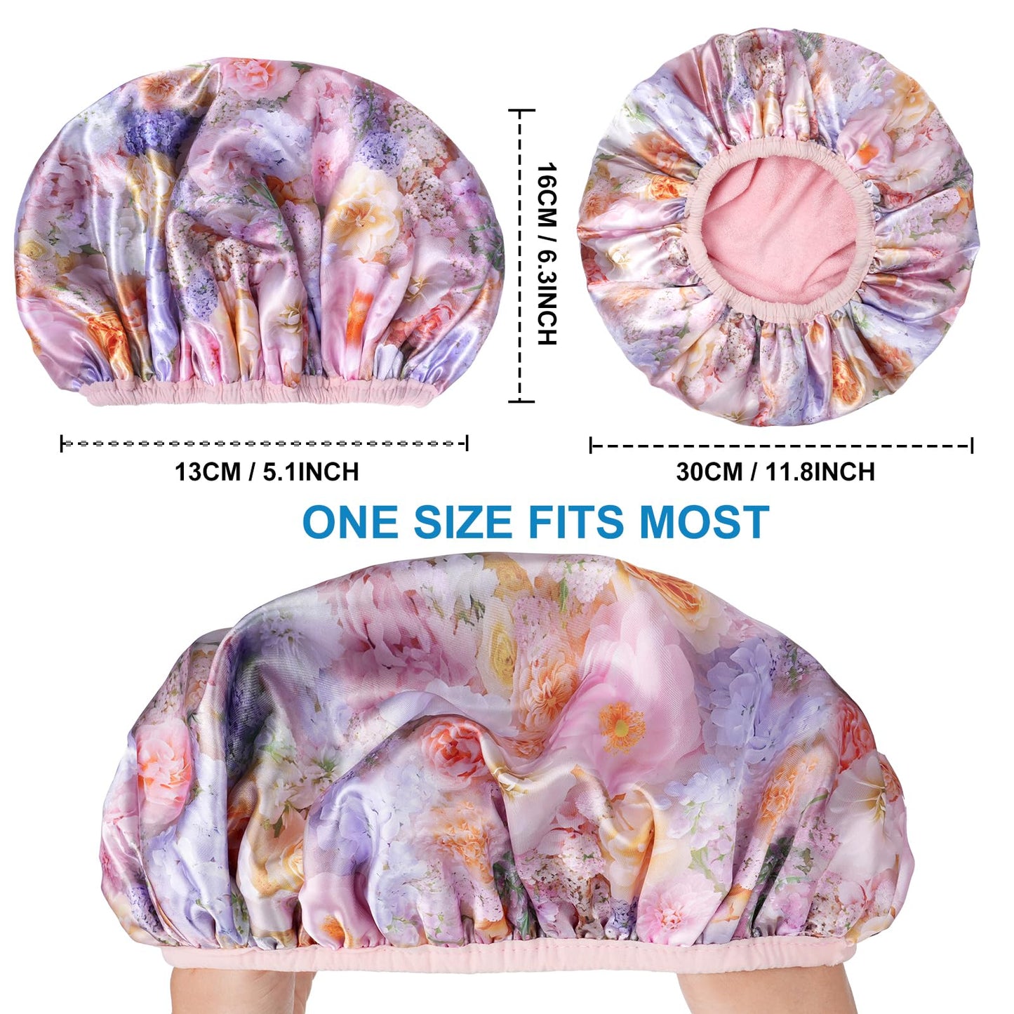 Upgraded Waterproof Terry Shower Caps, Reusable Shower Cap for Women with Long Hair, Soft Absorbent Hair-Protecting Towel Lining Bath Cap, Large Leak-Proof Hair Cap with Fashionable Print Outer-Pink