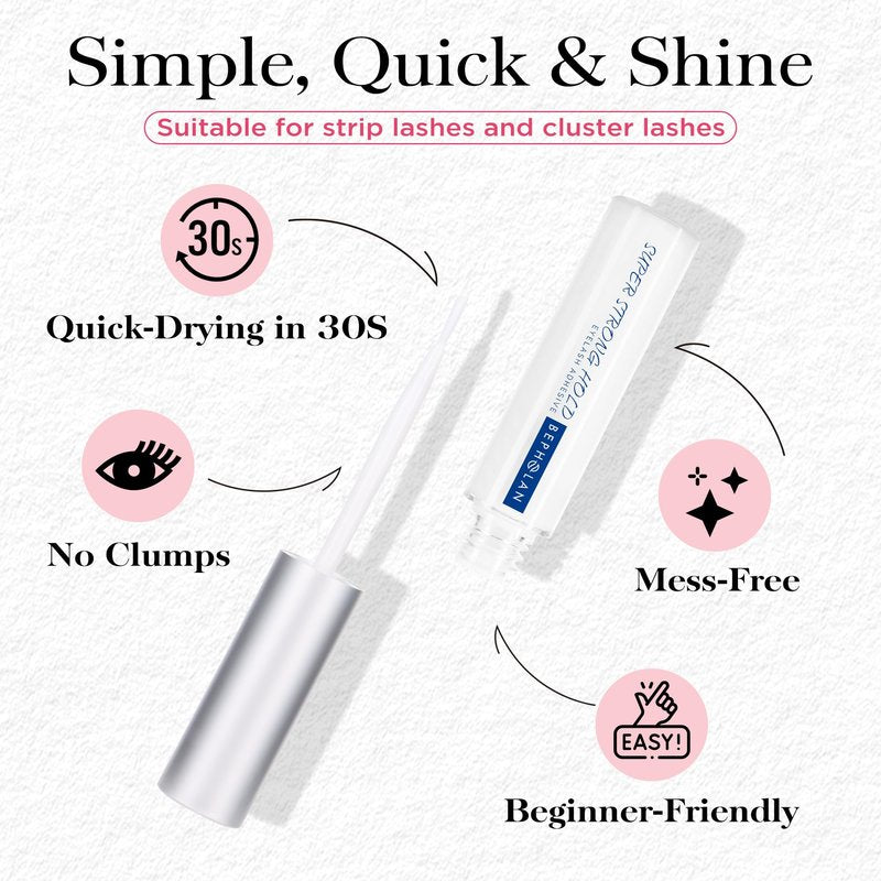 BEPHOLAN Sensitive Eyelash Glue, Super Strong Hold for False Eyelashes, Lash Glue, Eyelash Adhesive, Latex Free, Suitable for Sensitive Eyes, Waterproof, White 0.176 oz
