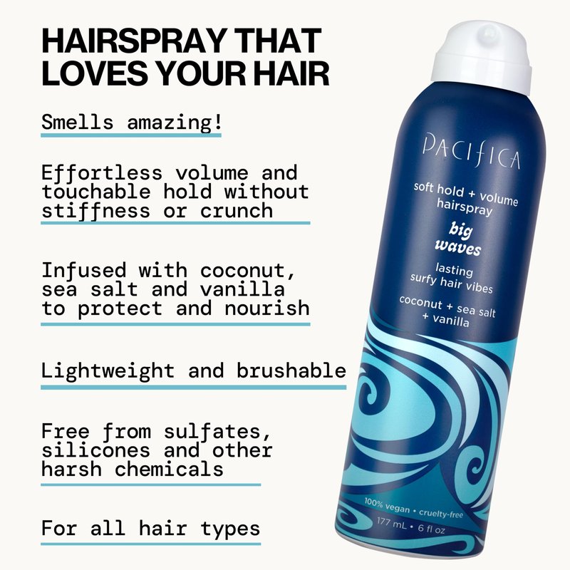 Pacifica Big Waves Coconut, Vanilla & Sea Salt Hairspray – Soft Hold Wavy Hair Texture Spray – Adds Volume & Controls Frizz, Travel Size Beach Hair Essential for Women – Vegan & Cruelty-Free – 6oz