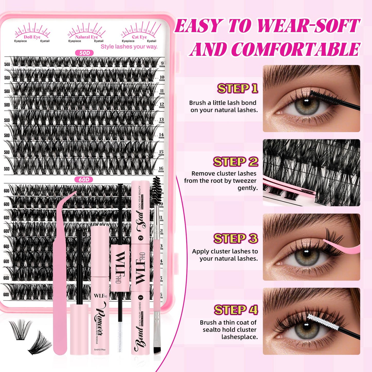 WLFRHD Lash Clusters Kit 640Pcs Eyelash Clusters Kit D Curl Wispy Cluster Lashes Kit 30D+40D+50D+60D Lashes Clusters Kit With Bond and Seal Remover Tweezers Brush 9-16mm for DIY Home