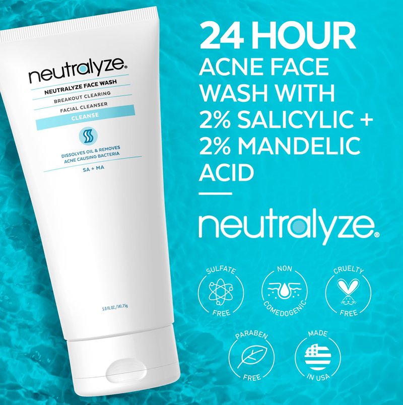 Neutralyze Moderate to Severe Acne Face Wash 2.0 - Maximum Strength 2% Mandelic Acid & 2% Salicylic Acid Facial Cleanser for Acne Prone Skin - Suitable for All Skin Types, Teens & Adults (5 FL OZ)