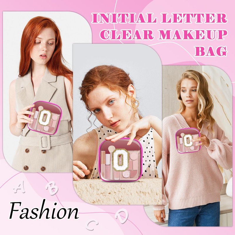 Personalized Initial Letter Clear Preppy Makeup Bag,Mini Nylon Chenille Letter Cosmetic Bag Cute Zipper Pouch Coin Purse for Teen Girls,Portable TSA Approved Travel Essentials Bag Gift for Women,O