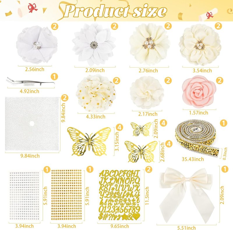 Graduation Cap Decorations Kit 2026 DIY Cap Decorations 36PCS Included Fake Flowers Heads Bow 3D Butterfly Self Adhesive Rhinestones Stickers Alphabet Letter Stickers for Grad Party Decor, White