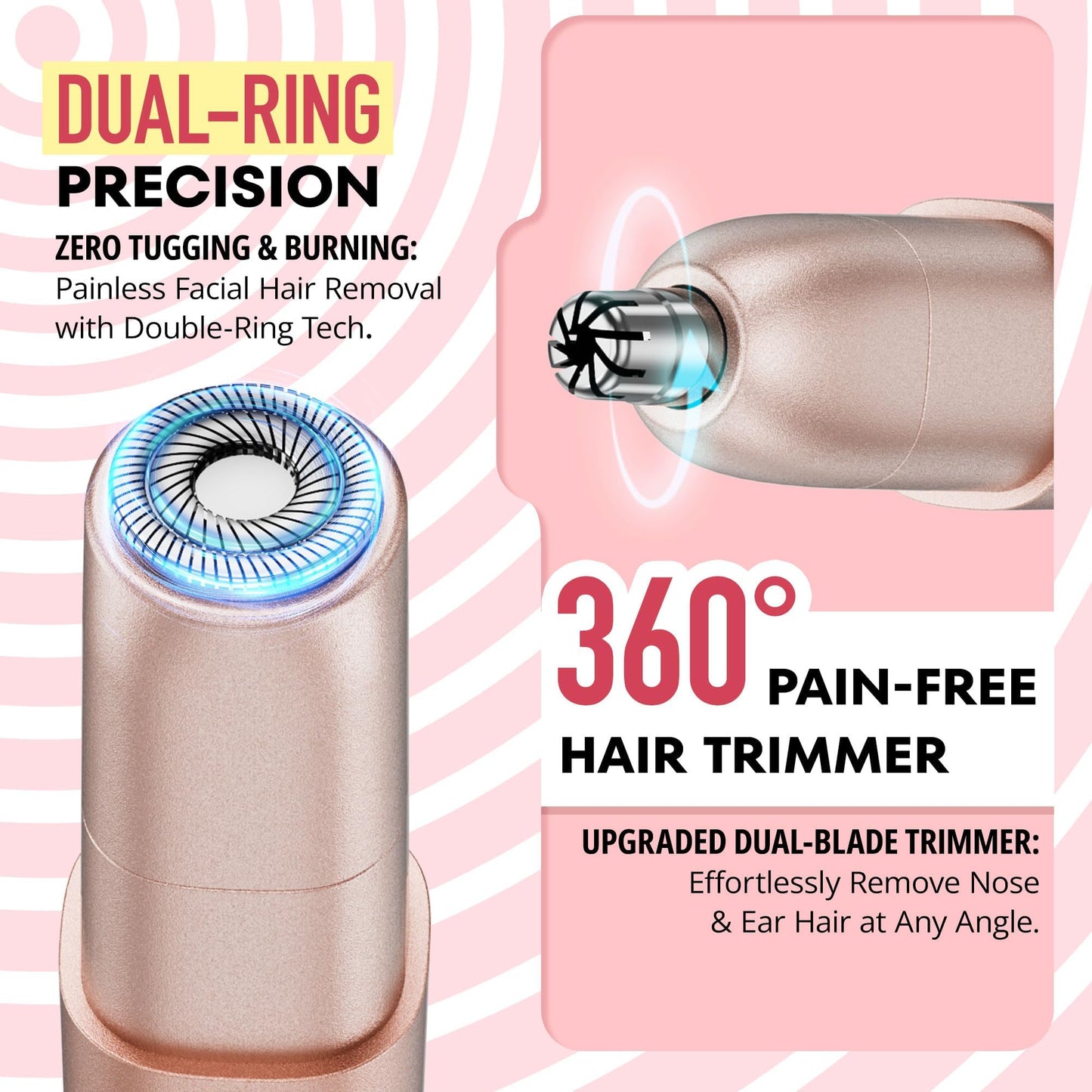 VG VOGCREST Facial - Nose Hair Remover Women: 2 in 1 Painless Electric Face Shaver and Nose Trimmer - Rechargeable Hair Removal Tool for Face Nose Ear Peach Fuzz Lips Chin
