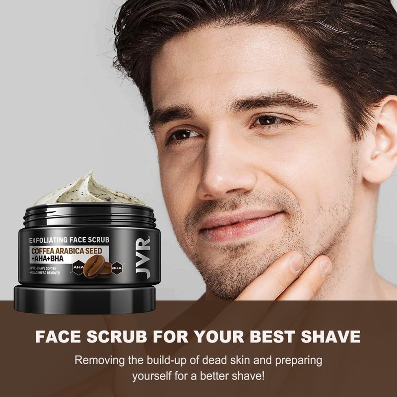 JVR Face Scrub for Men, Facial Scrub for Deep Exfoliating, Cleansing Blackheads, Ingrown Hair, Pre-shave Soften, Organic Formulated with Coffee Extract, AHA and BHA Face Exfoliator (4.23 oz)