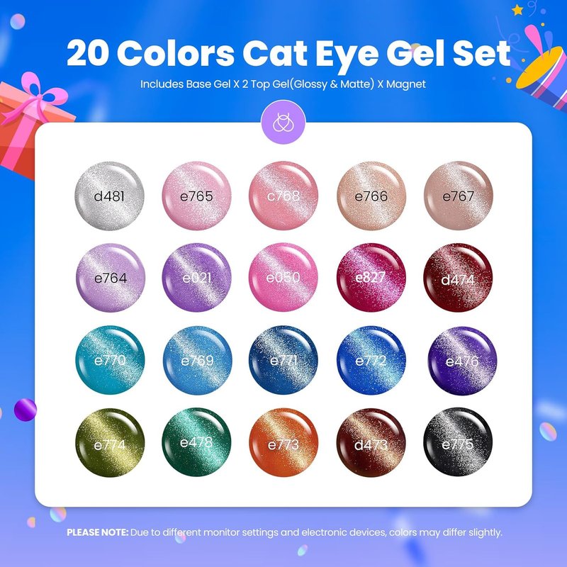 Cat Eye Gel Nail Polish Set - 20 Colors Including Pink, Green, Blue & More | Glossy & Matte Finish, Soak Off UV Formula