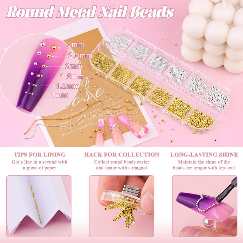1-3MM Mini Small Nail Beads Metal Caviar Bead Silver Gold Nail Charms and Gems Ball, Nail Chain for Nail Art Accessories Supplies Gold Rhinestones for Women Manicure