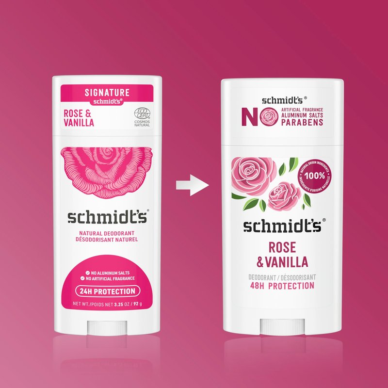 Schmidt's Aluminum-Free Vegan Deodorant Rose & Vanilla with 24 Hour Odor Protection for Women and Men, Natural Ingredients, Cruelty-Free, 2.65 oz