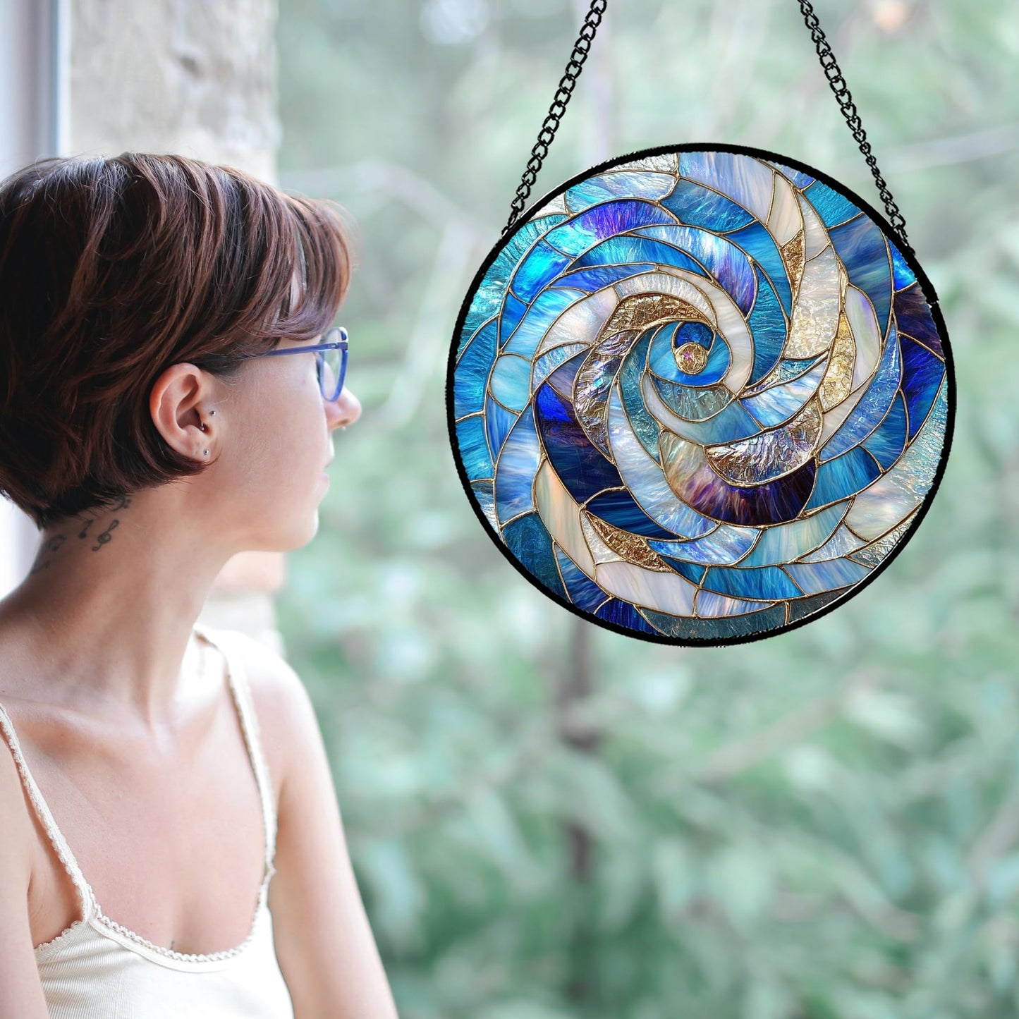 GEFOS Stained Glass Window Hanging Abstract Blue Golden Spiral Large 15" - Suncatcher Door Garden Sunroom Sun Catcher Home Decor Housewarming Birthday for Mom Grandma Men Woman