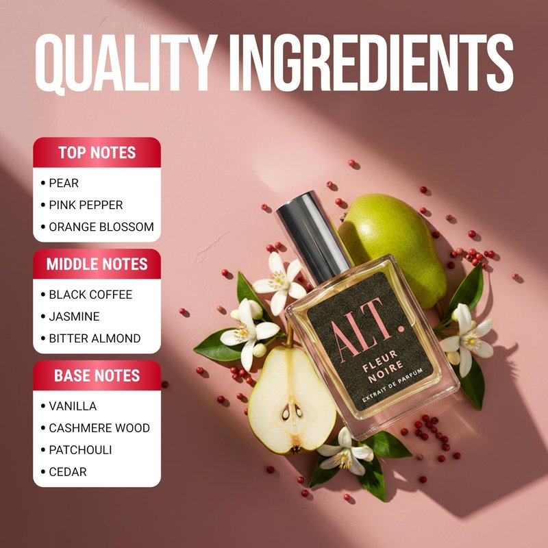 ALT. FRAGRANCES Fleur Noire - Inspired by Black Opium Perfume for Women, Extrait de Parfum, Long Lasting Fragrance with Coffee, Jasmine & Vanilla Notes, 60ml