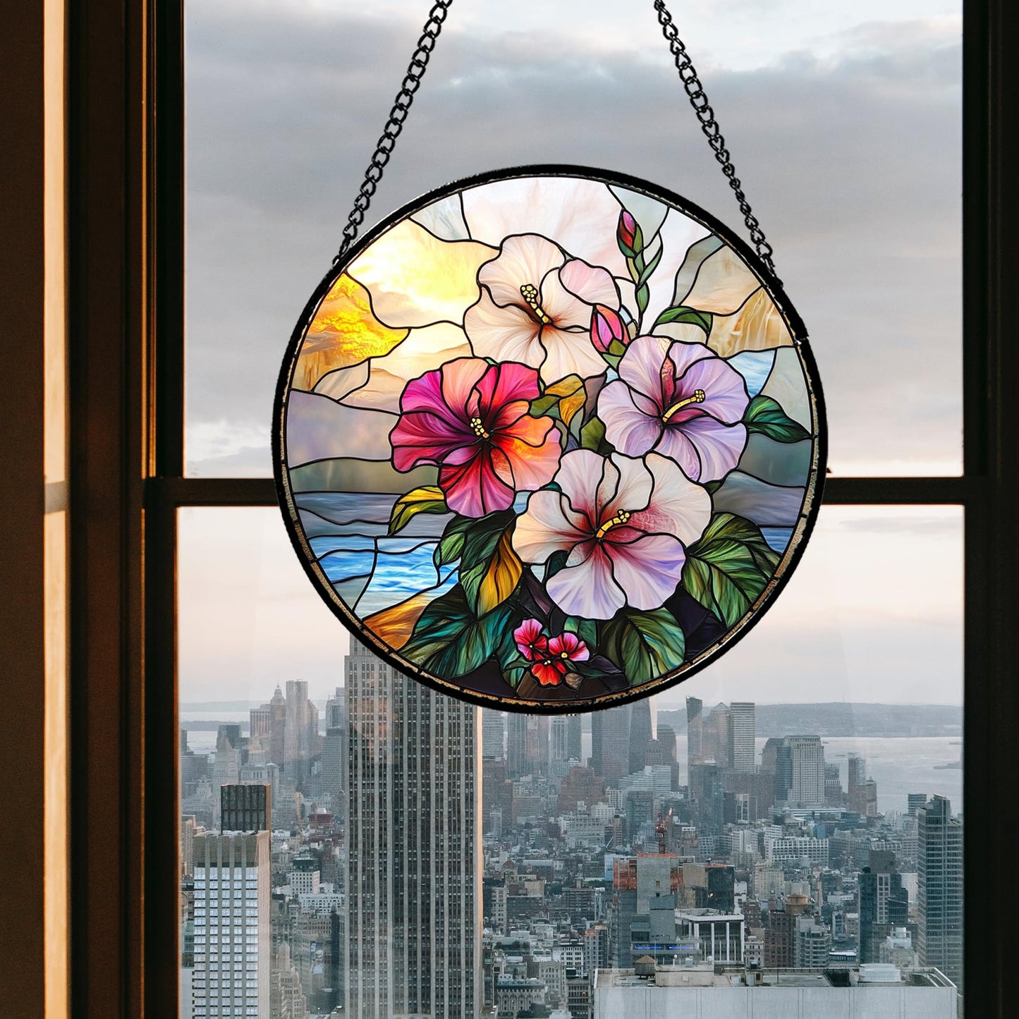 GEFOS Stained Glass Window Hanging Pink Purple Hibiscus Flowers Large 11.8" - Suncatcher Door Garden Sunroom Sun Catcher Decor Birthday Christmas for Mom Men Woman Nana Friend