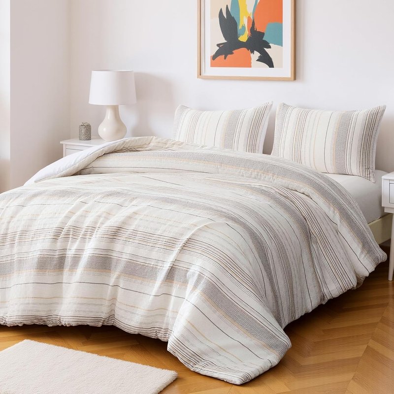 Comforter Set - 3-Piece Jacquard Bedding with 2 Pillow Shams | All-Season Queen Size, Beige Striped