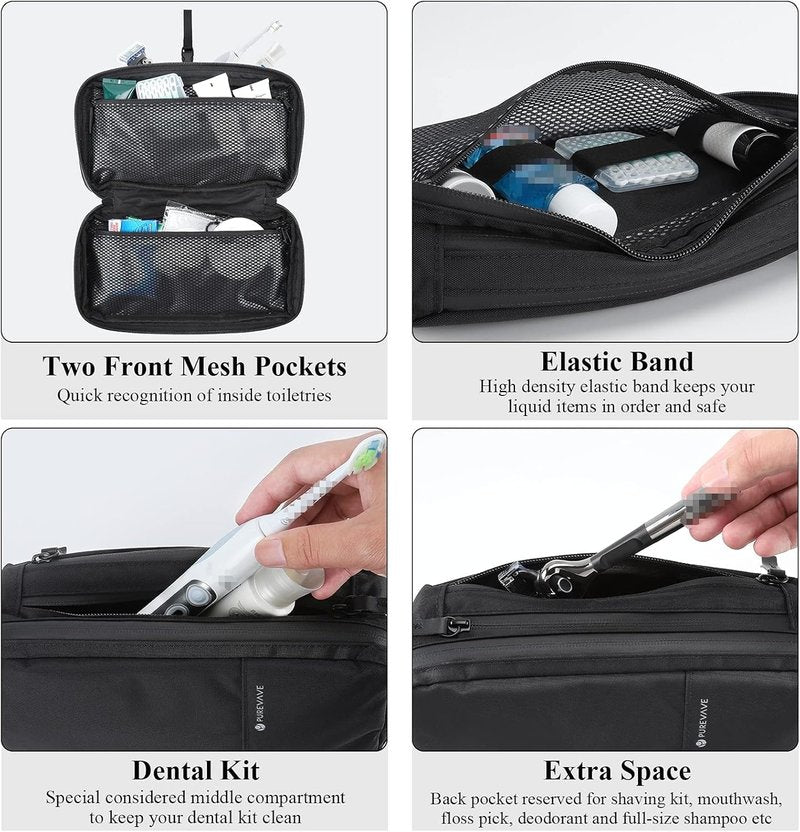 Compact Men's Toiletry Travel Bag - Waterproof Hanging Dopp Kit | Black Wash Pouch