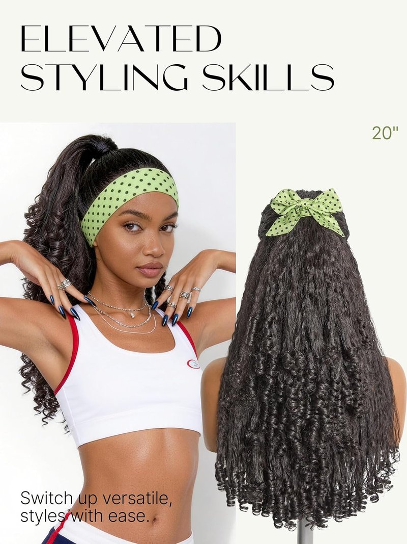 Frodio Kinky Curly Half Wig 20 Inches Veralux Fiber Blend Human Hair 3 in 1 Drawstring 200% Density Glueless Wig with Unique Bouncy Curl in the End, Natural Black Ready to Go Headband Wig for Women