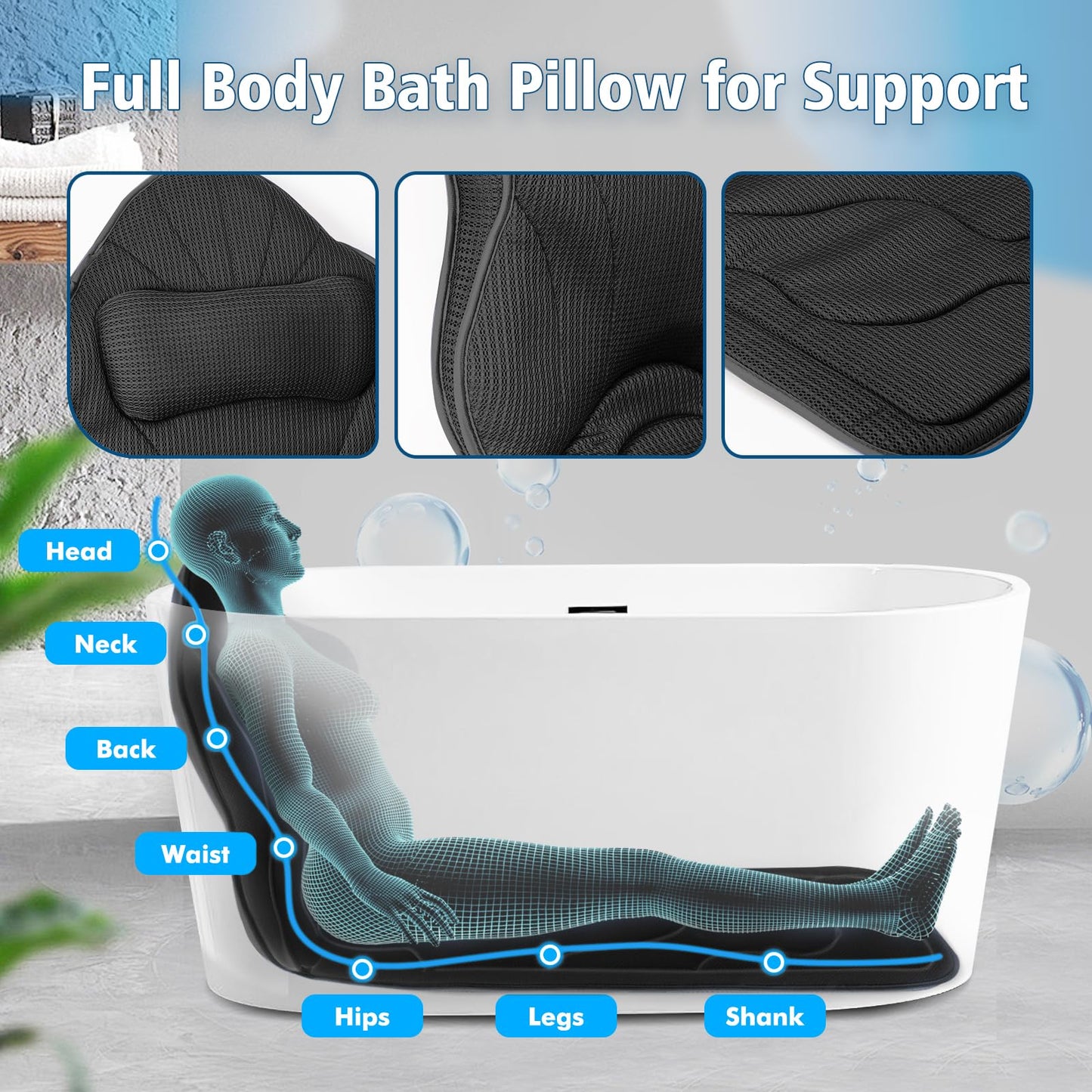 Poemland Full Body Bath Pillow for Tub-Extra Thick Bathtub Pillow with Head & Neck Support, Soft Tub Pillow for Comfort, Non-Slip Bath Cushion for Women, Men & Seniors, Luxury Bathroom Accessories