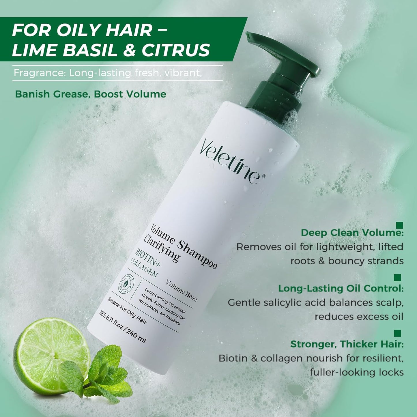 Volumizing Shampoo for Fine Oily Hair - Adds Long-Lasting Volume & Shine | Biotin & Ginger Root Extract, 240ml/8.11oz