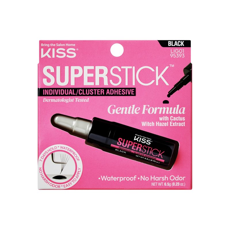 Kiss SuperStick Individual Lash Cluster Adhesive, Gentle Formula, 7 Day Hold, Cactus & Witch Hazel Extract, Dermatologist Tested, Waterproof Lash Glue, No Harsh Odor, Net Wt. 6.5g (0.23 oz.), Black