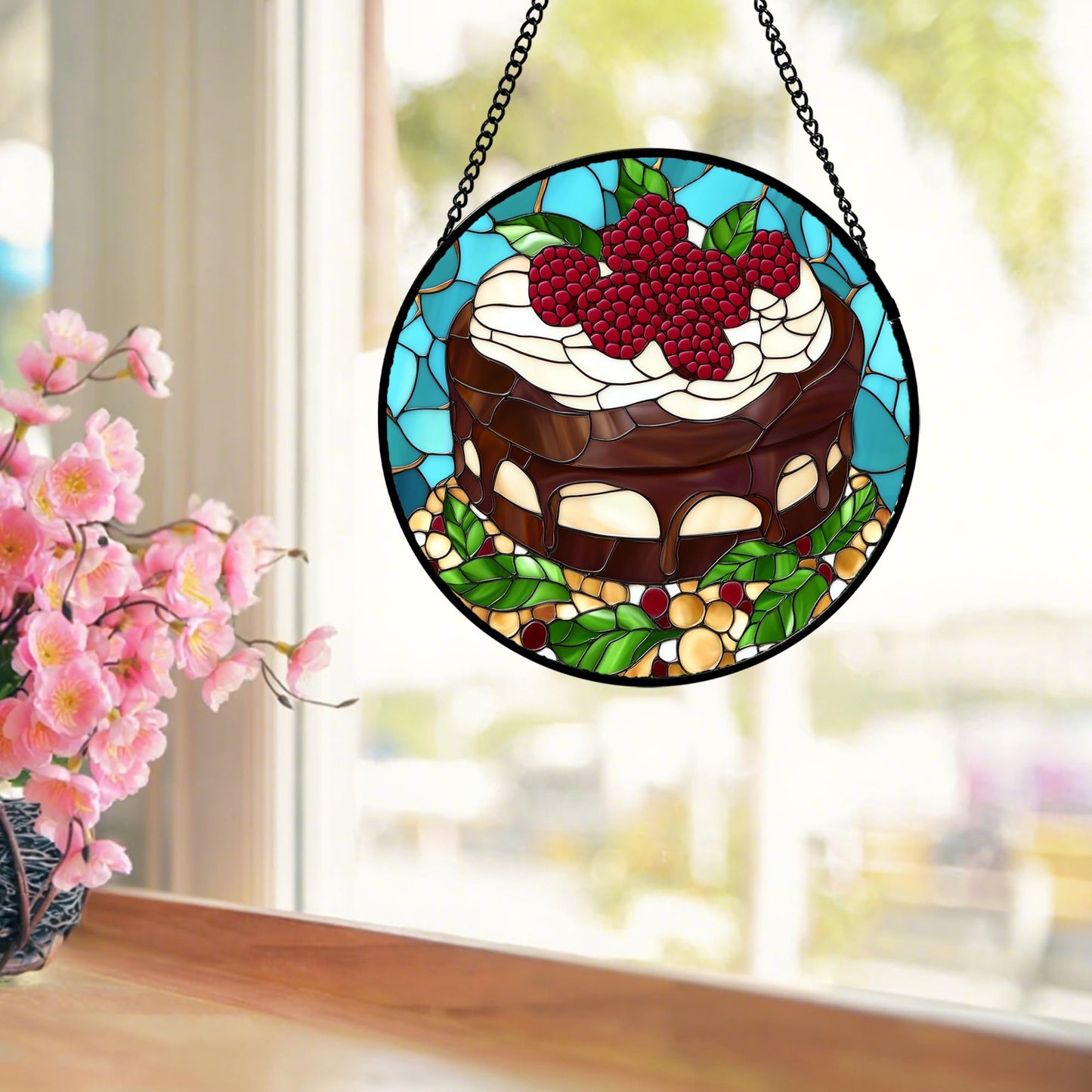 QZQCBLC Stained Glass Window Hanging Raspberry Cake 6.3" - Black Suncatcher Door Garden Sun Catcher Home Decor Birthday Christmas for Mom Men Woman Wife Girl Friend Nana