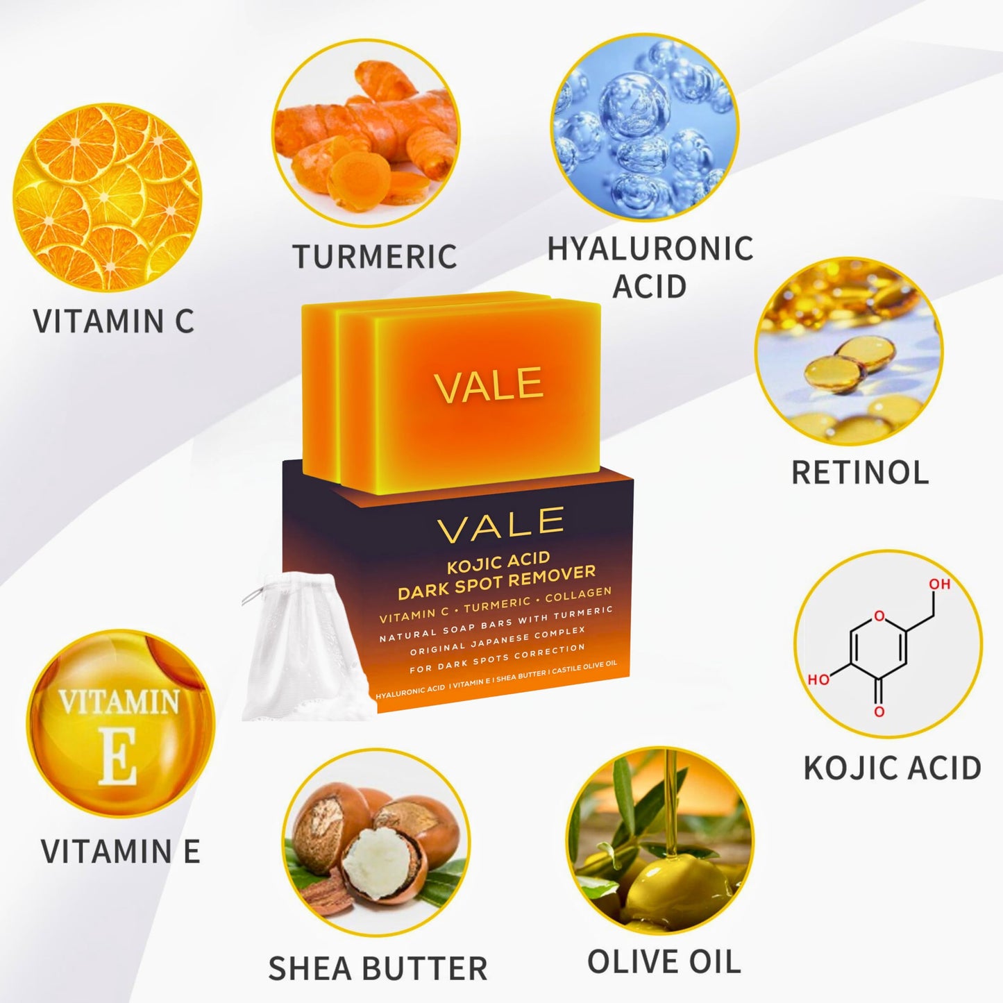 VALE Kojic Acid & Turmeric Soap Bar (2-Pack) – Natural Dark Spot Remover & Original Japanese Complex with Vitamin C, E, Collagen, Retinol, Olive Oil & Shea Butter(Citrus)