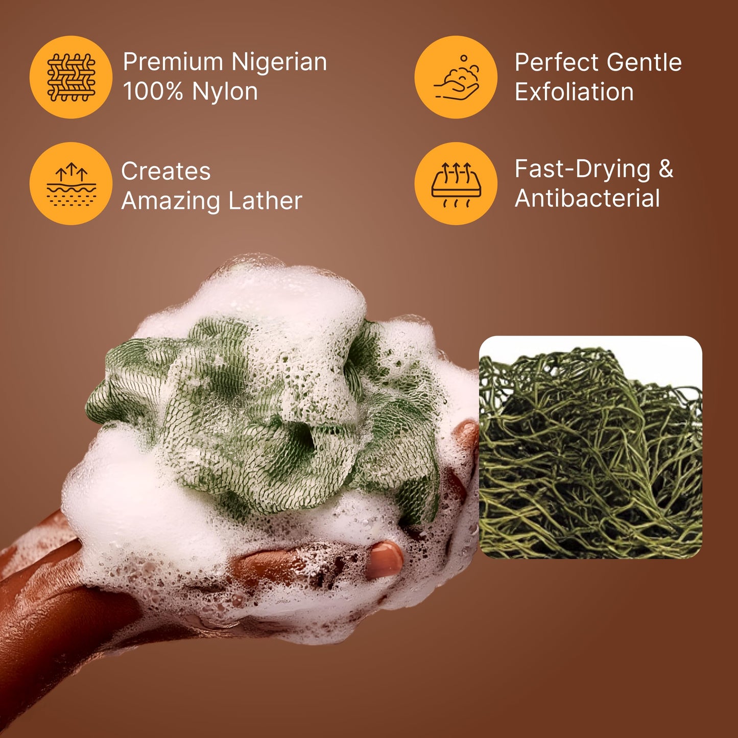 Nubiana African Net Sponge Authentic with Knots, 45 Inch Handwoven Nigerian Exfoliating Body Sponge with Handles, Quick-Drying Nylon Mesh Body Scrubber, Reusable Bath Sponge (Olive Green)