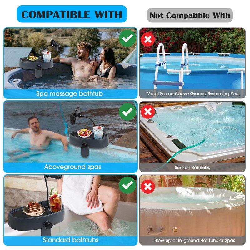 Hot Tub Table Tray with Adjustable Phone Holder, Nonslip Bathtub Table Tray, Between 2.4-7.4" Hot Tub Accessories for Adults with 2 Cup Holders, Clip-on Pool Side Table for Above Ground Bathtub (Gray)