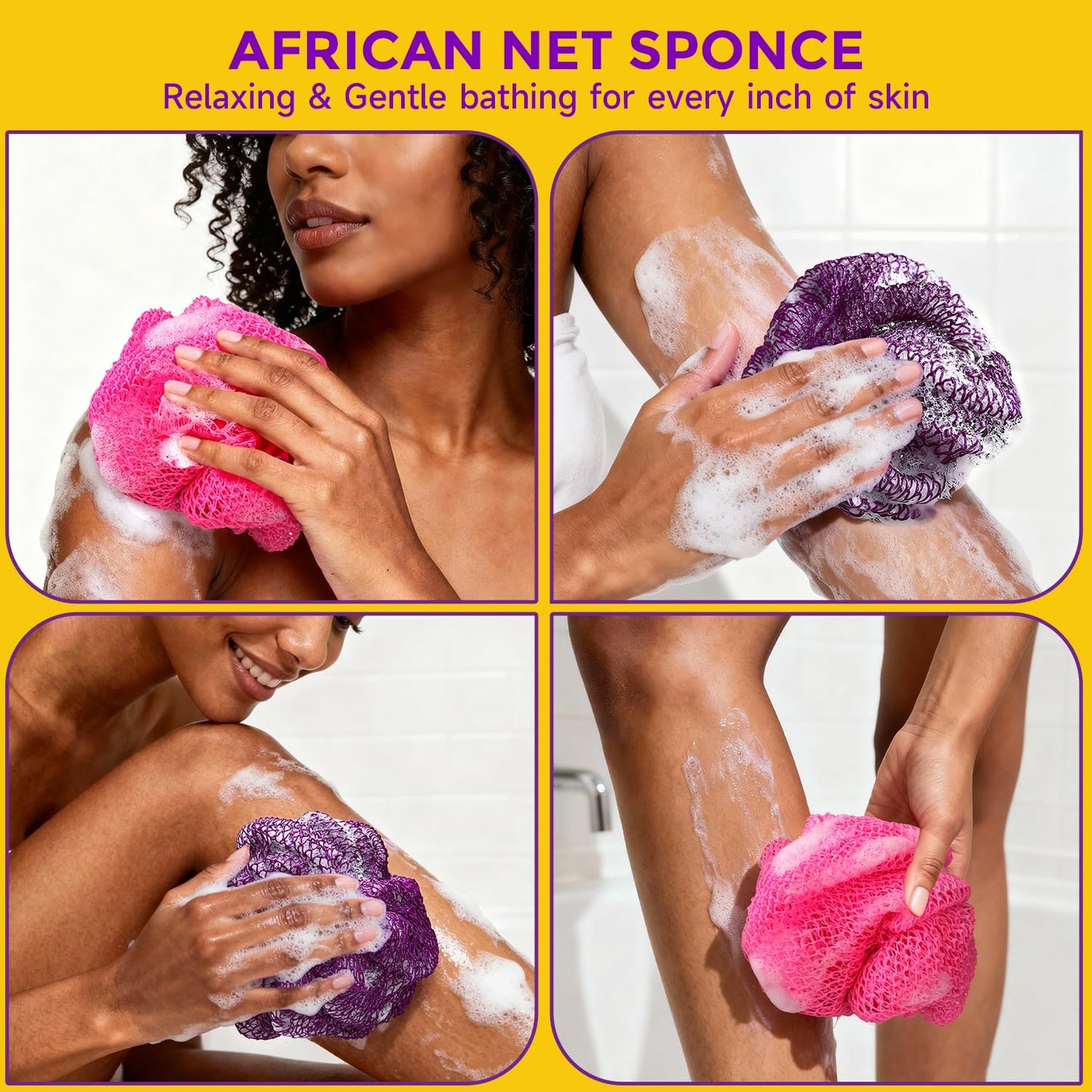 2 Pieces African Net Sponge Authentic, Durable Back Scrubber Washcloth for Shower, Exfoliating Net Sponge for All Skin, Bathing Accessories for Women (2 Pack (Pink and Purple))