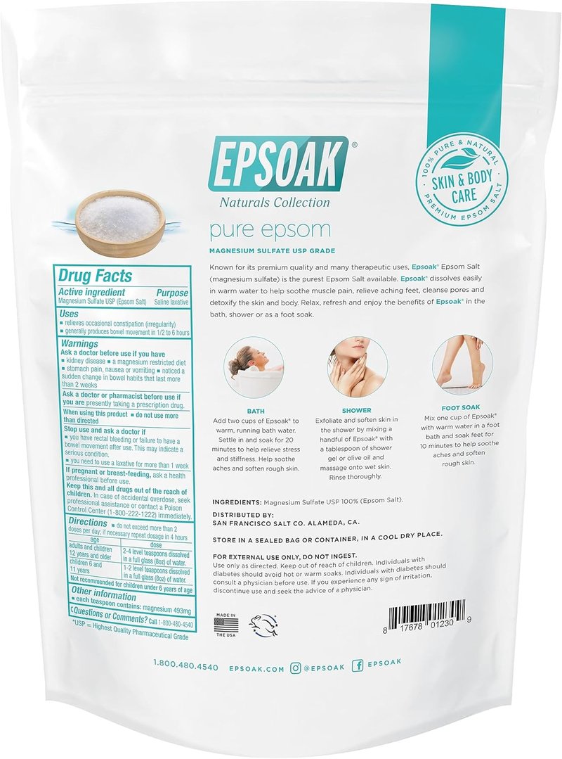 Epsoak Epsom Salt - 2 lb Unscented Magnesium Sulfate USP | Resealable Bag, Made in The USA