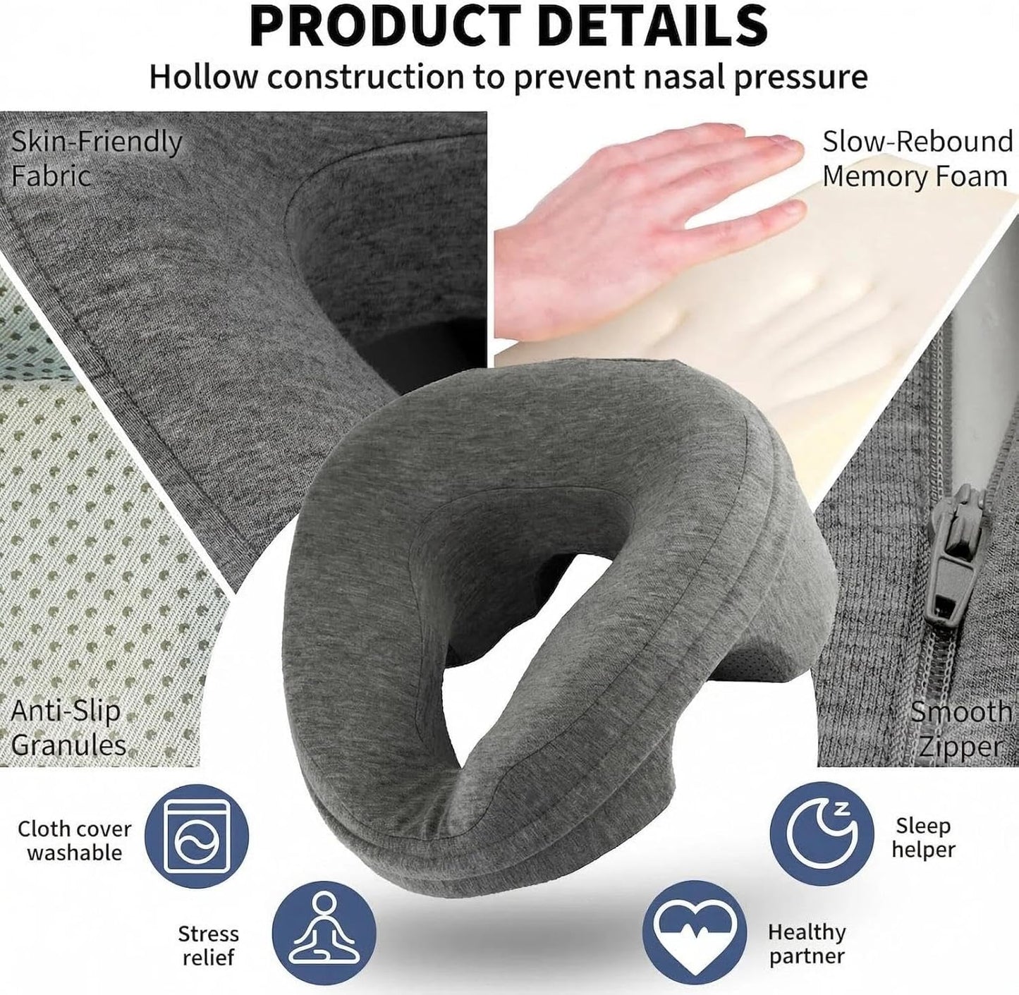 VVB Massage Pillow - Face Down Headrest for Post-Surgery Recovery | Removable Cover, Black