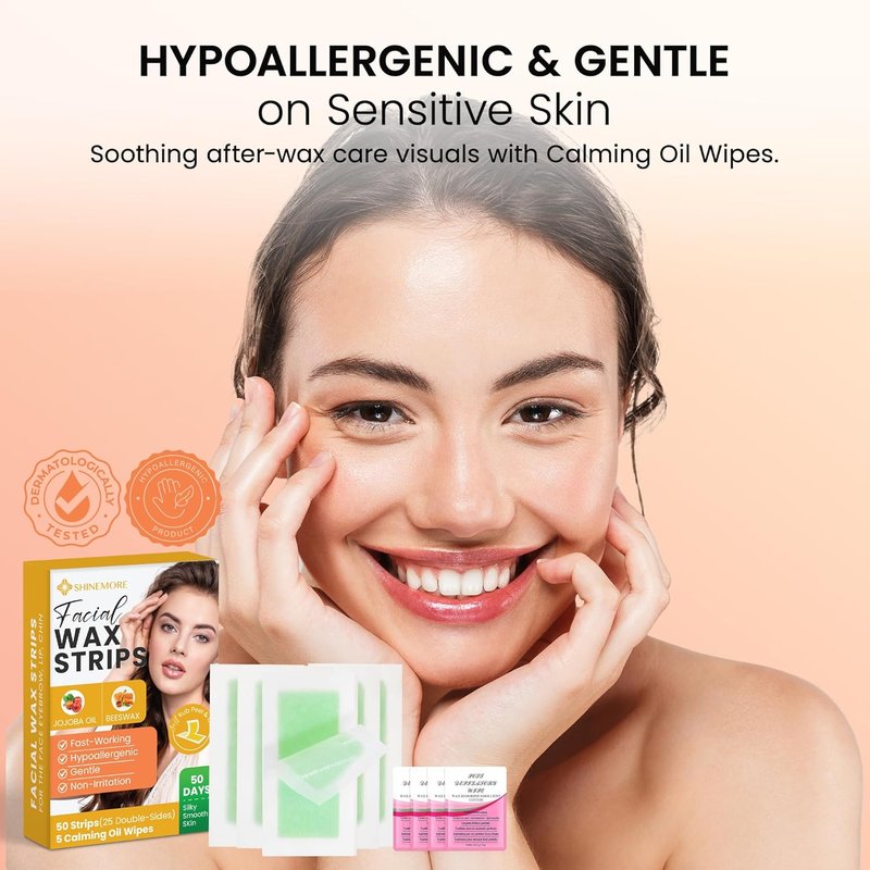 Facial Wax Strips for Hair Removal - Gentle & Hypoallergenic | 50 Strips + 5 Wipes for All Skin Types