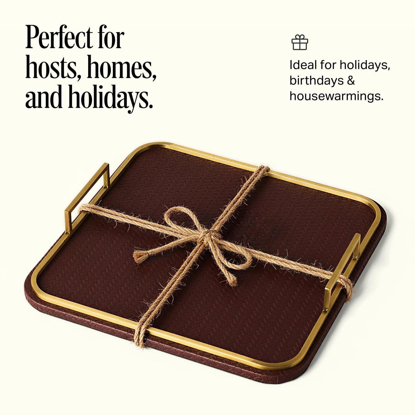 Preston Lane Mayfair Decorative Tray – Vegan Leather with Woven Texture, Brushed Brass Handles – Serving, Dresser & Coffee Table Tray, Espresso 12.8 x 12.8 x 1