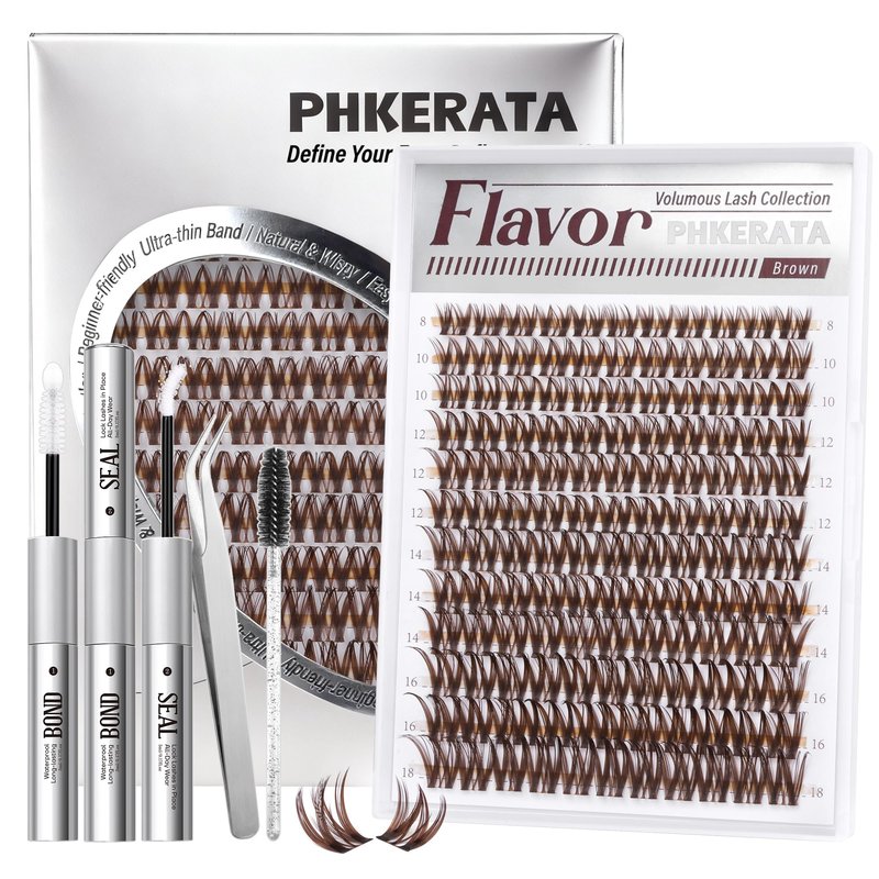 Flora Brown Lash Clusters Kit Wispy Brown Cluster Eyelash Extensions Kit, Natural C Curl Lash Extension Kit 8-18mm Individual Lashes DIY with Bond and Seal & Tweezers, 132Pcs