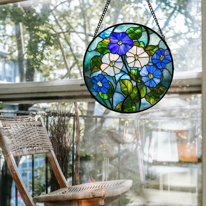 HWRHTR Stained Glass Window Hanging - Blue White Morning Glory Birth Flower Suncatcher for Door Garden Yard Sun Catchers Decor Christmas Mother's Day Birthday Gifts for Women Mom Nana Friend 6.3 in
