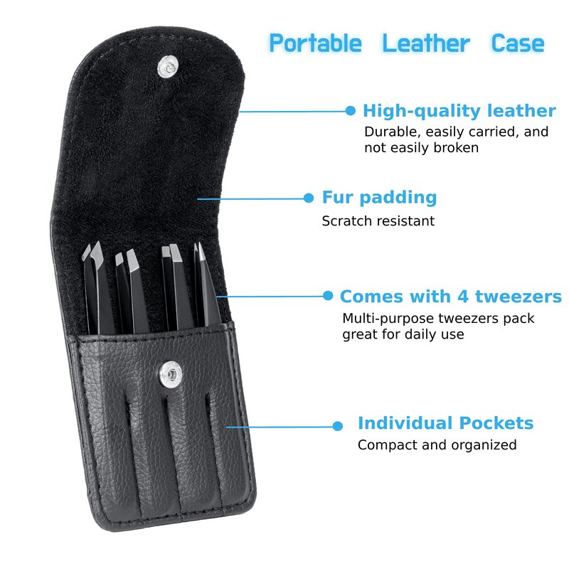 Rikans Precision Tweezers Set – Pack of 4 Black Professional Tweezers – Handy Carry Pouch – Superior Stainless Steel Tweezer Set – Splinters, Eyebrows, Facial or Ingrown Hair – Blackheads Remover