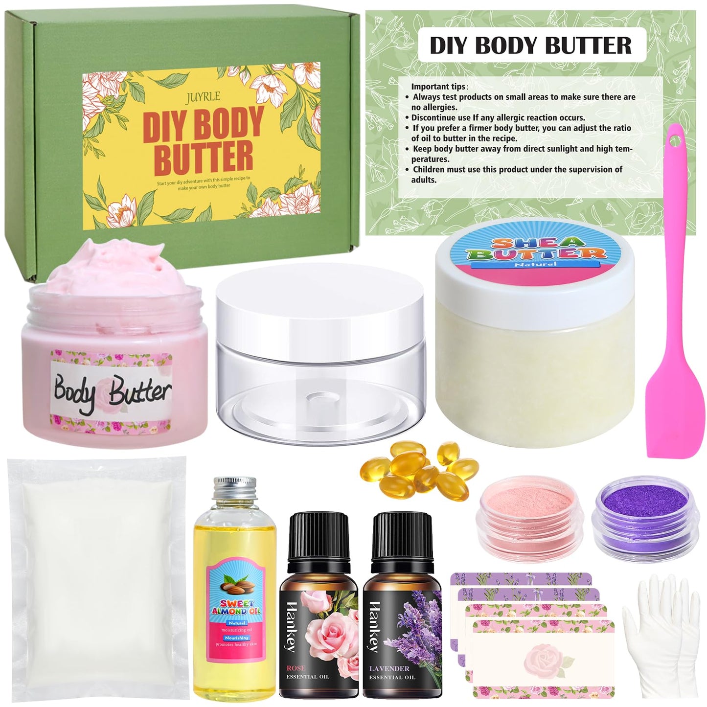 JUYRLE Body Butter Making Kit- Shea Butter Lotion Making Kit, DIY Crafts for Adults with Organic Shea Butter, Sweet Almond Oil, Mica Powder, Natural Whipped Body Butter Maker Skin Care Gifts for Women