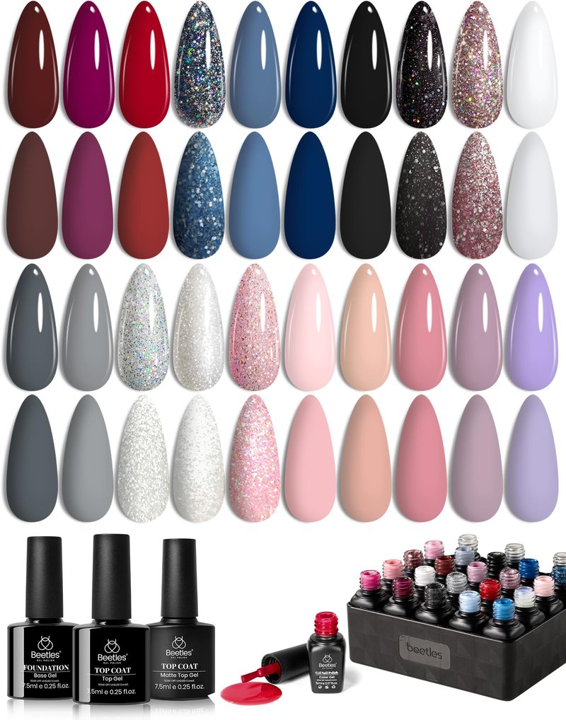 Beetles 23Pcs Gel Nail Polish Kit 20 Colors with Base Gel Top Coat Orange Brown Burgundy Red Yellow Gel Polish Set Soak off Uv Golden Glitter Holiday Nail Art Gift for Girls