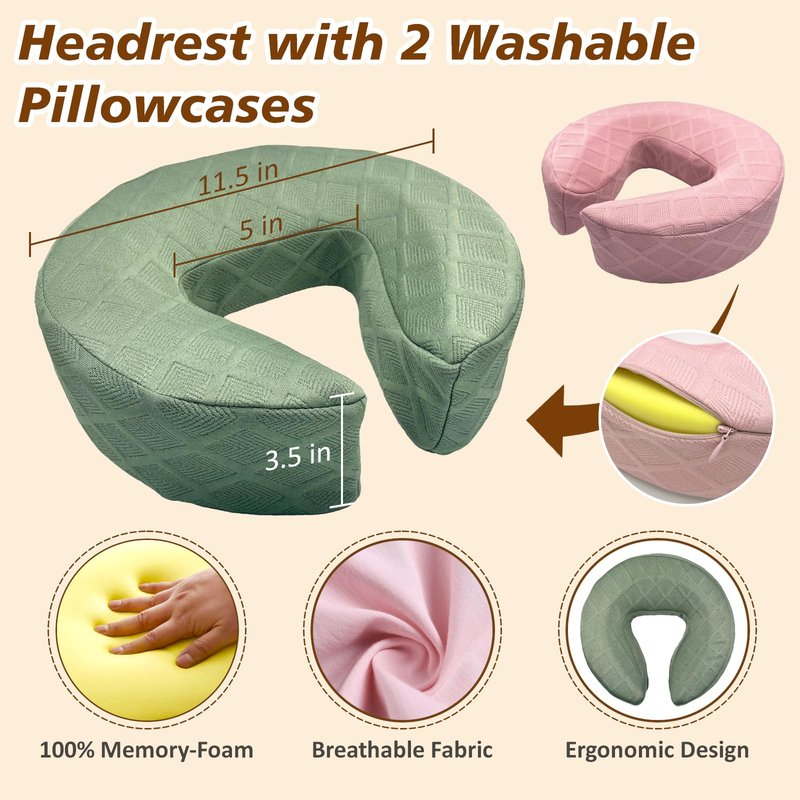 OURSHE Massage Headrest for Bed, Home Mattress Top Massage Kit, Adjustable Massage Table Head Holder for Professional and Home Use with 2 Removable & Washable Pillowcases (Pink & Light Green)