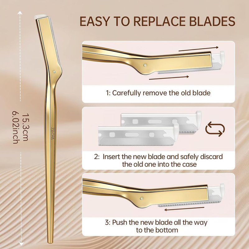 Metal Face Razor for Women - Dermaplaning Tool with 16 Replacement Blades | Gold Eyebrow Trimmer & Facial Hair Remover