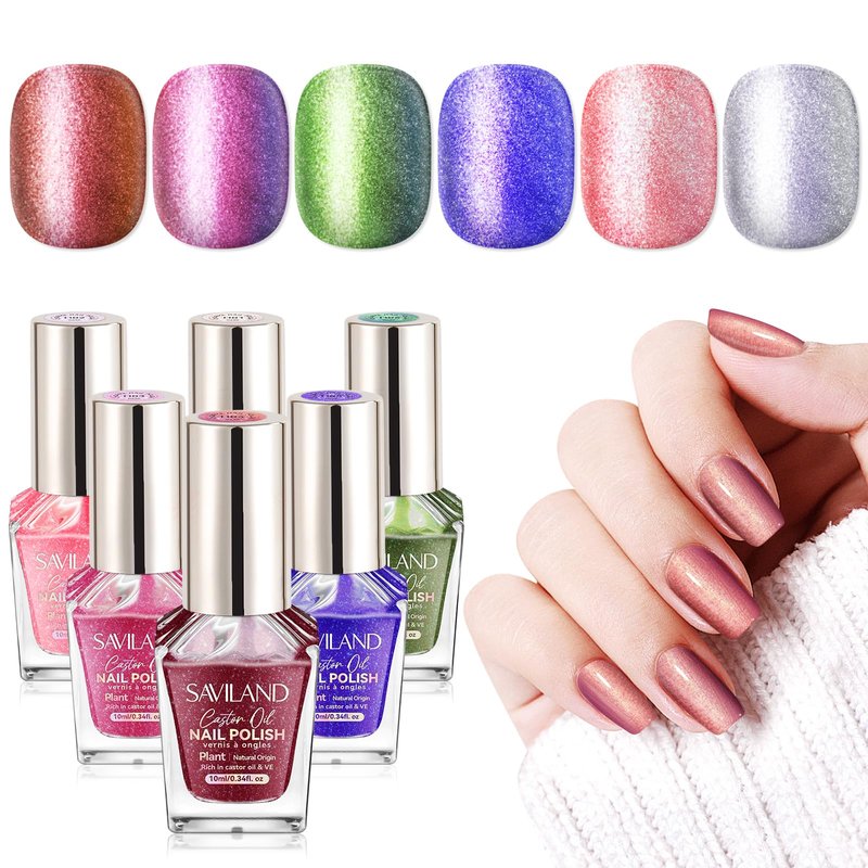 SAVILAND Chameleon Nail Polish Set: 6 Colors Aurora Shimmer Fingernail Polish Holographic Green Purple Red Glitter,Fast Quick-Dry Nail Lacquer Manicure Art Kit for Toe DIY Salon Home 10ml