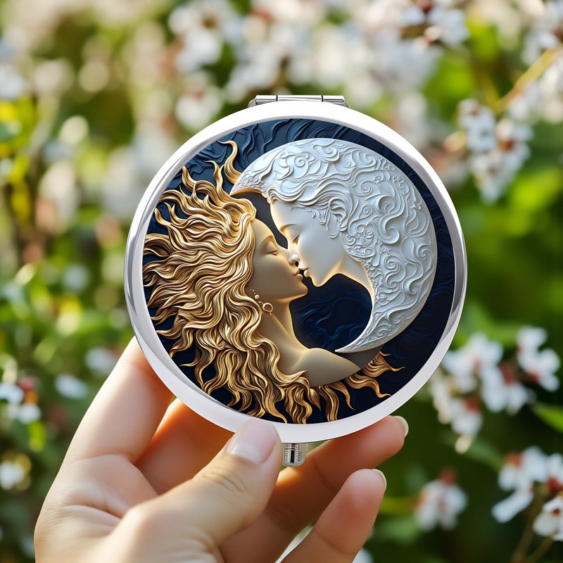 Silver Compact Mirror, 2.8x2.8inch Double-Sided Folding Makeup Mirror with Moon Goddess Face Design, Ideal Gift for Women