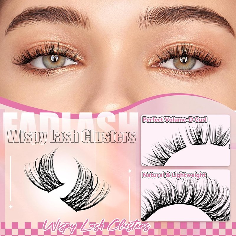 FADLASH Wispy Eyelash Cluster Extensions - D Curl, 8-16mm, 168 Pcs, Soft & Reusable Natural Lashes